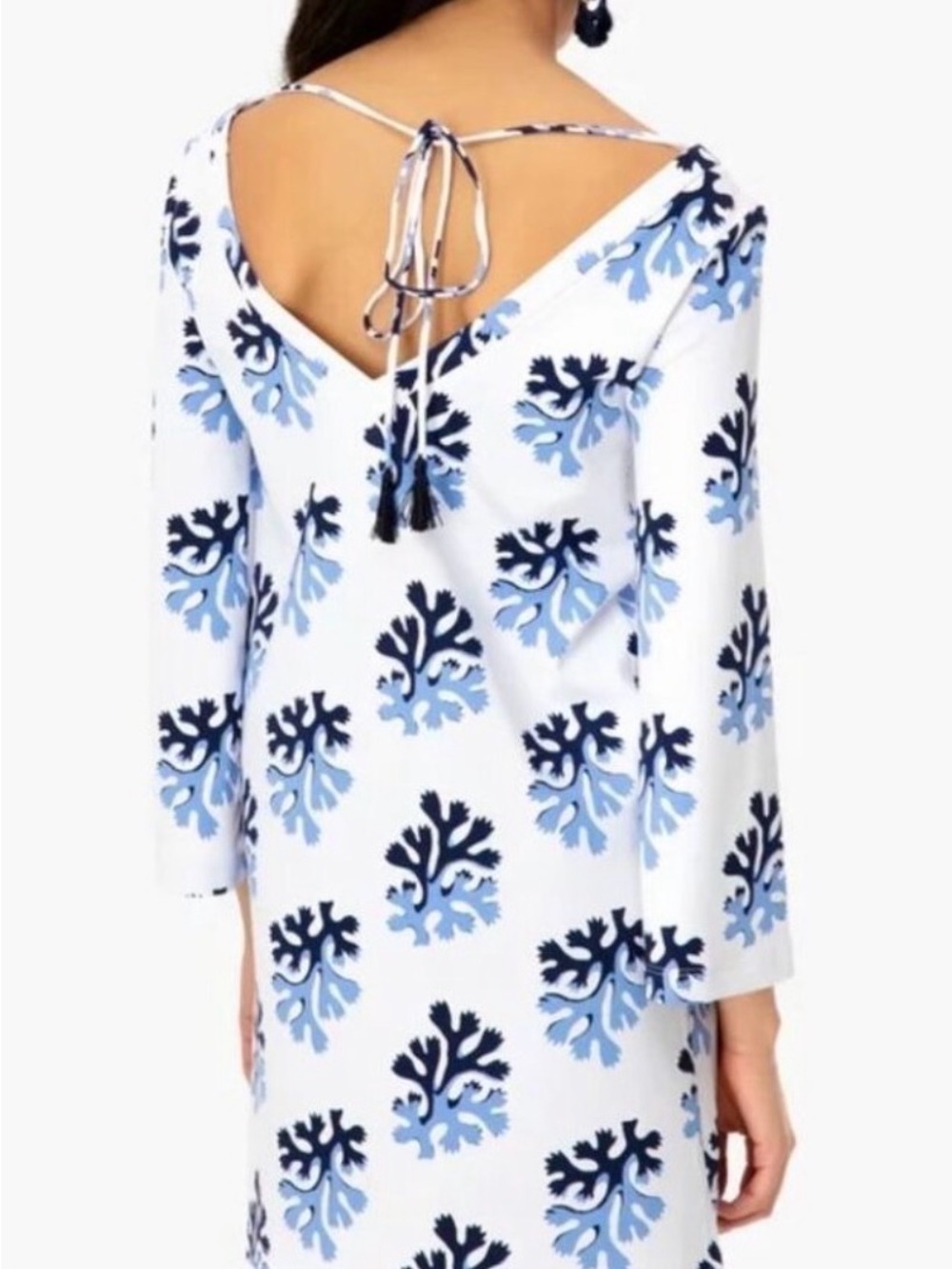 V-Neck White Shift Dress with Blue Floral Print - Picture 2 of 3